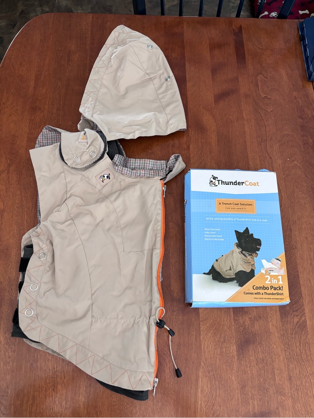 ThunderCoat Beige Dog Trench Coat with Removable Hood. Includes Thunder shirt.